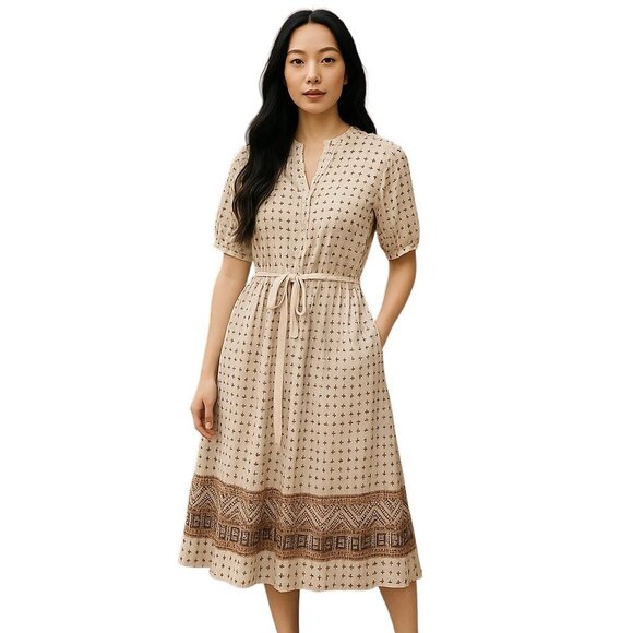 Vintage 80’s Printed Puff Sleeve Pleated Dress Cream Size 10 Neutral Cottagecore - Picture 1 of 13